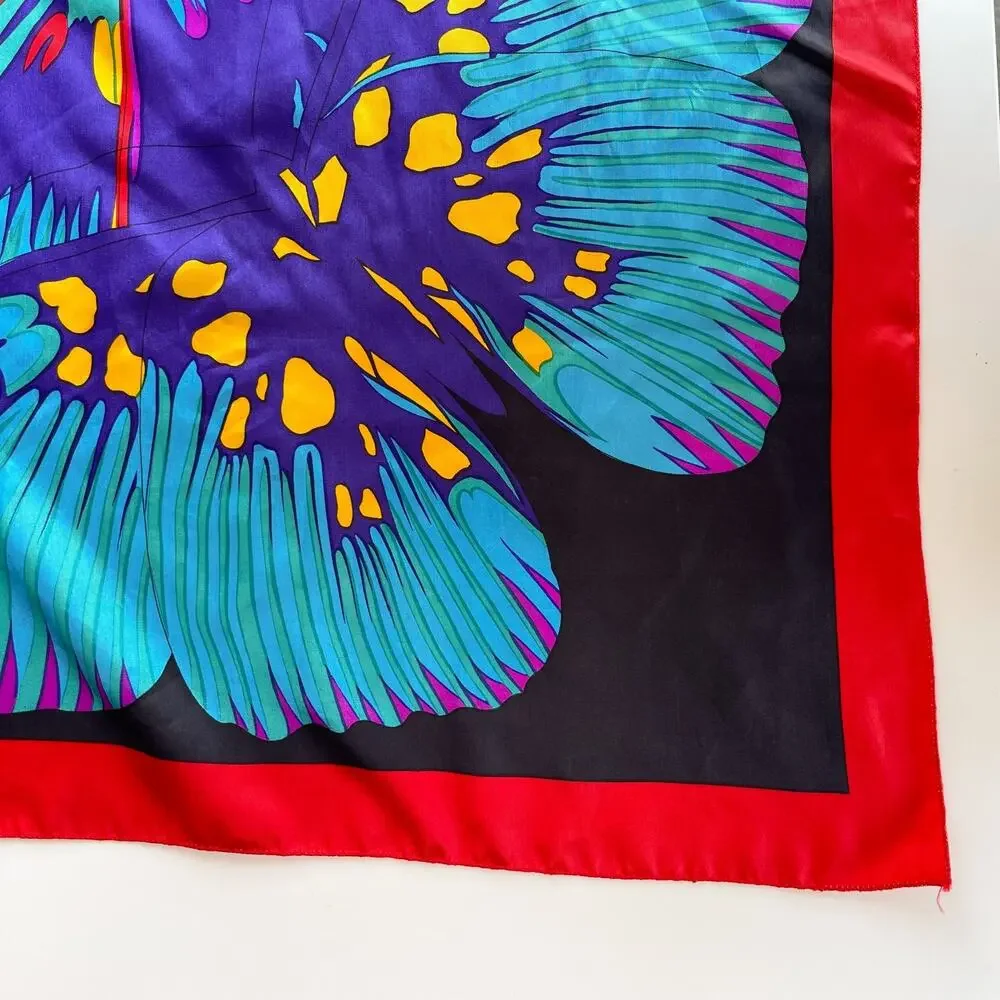 Vintage 70s 80s Satin Square Scarf Butterfly Psychedelic Colorful Dopamine